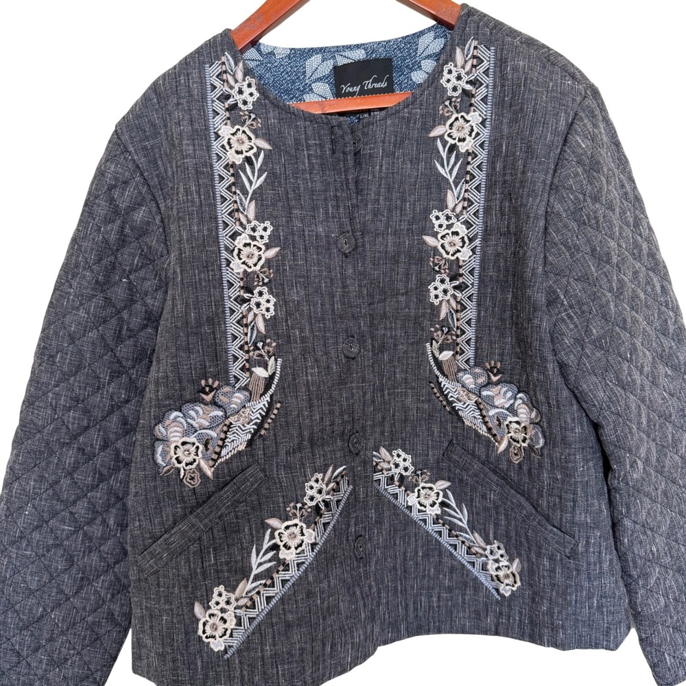 Young Threads Quilted Cotton Embroidered Button Front Jacket L/XL Charcoal NEW! - Picture 3 of 6